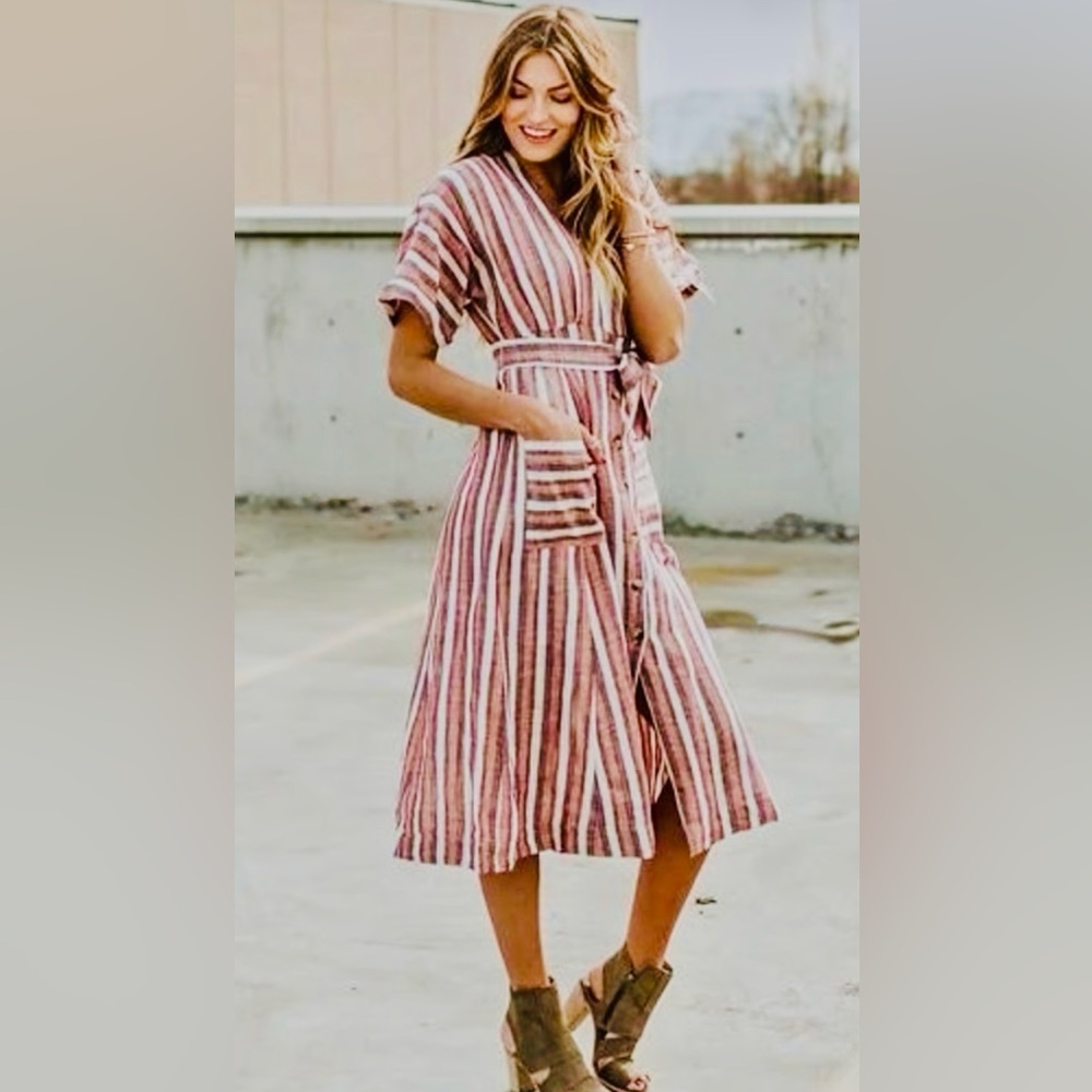 Free People Monday Striped Midi Dress in Pink and Cream with Tie Waist